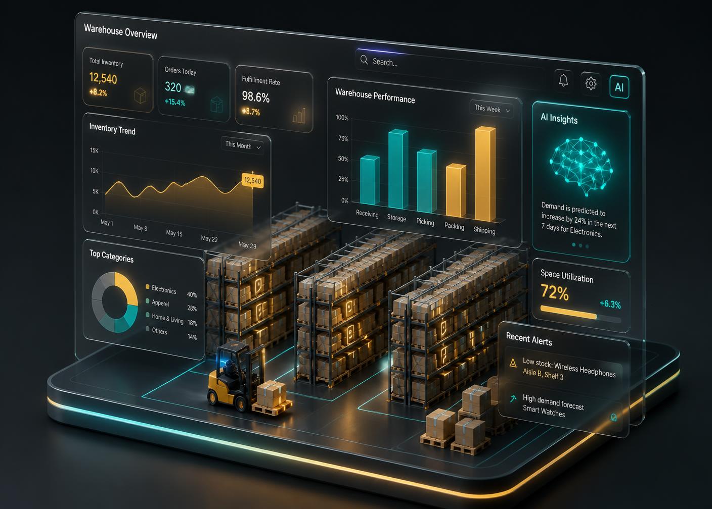 Glassmorphic AI analytics panel floating above a 3D warehouse aisle